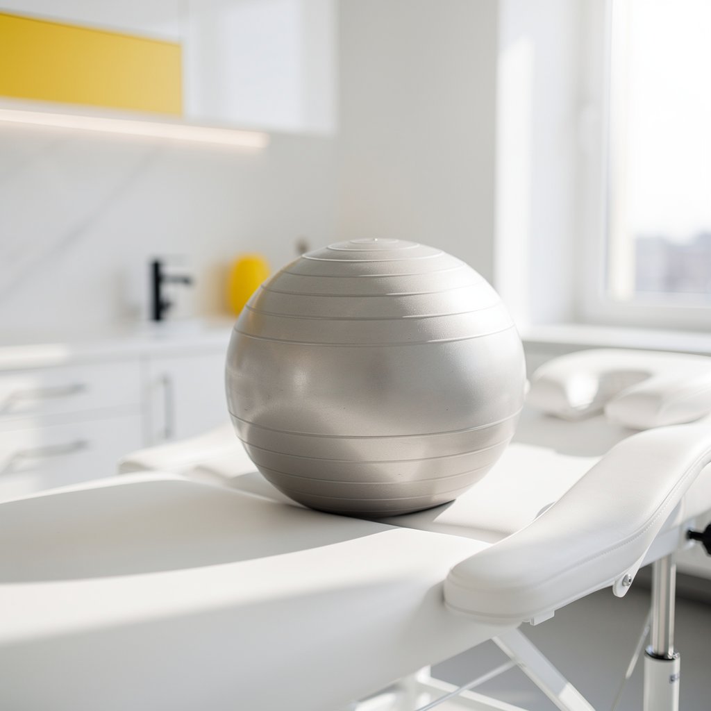 Abstract close-up photo of human spine model or therapeutic exercise ball in a bright medical office, soft focus, professional and calm, yellow accents. High quality photography, clean clinical environment.